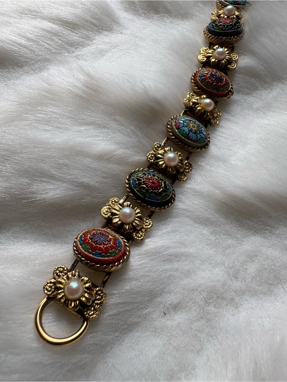 Vintage Enamel & Pearl Decorative Mosaic Bracelet